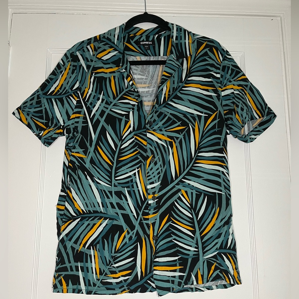 Express Men's Short Sleeve Tropical Shirt - Teal & Mustard Men’s Small